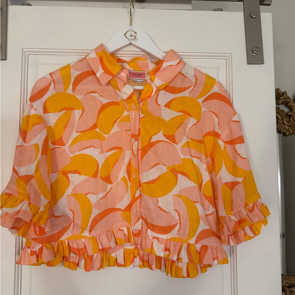 Kate Spade Peaches Cropped Linen Ruffle Top - Picture 6 of 7